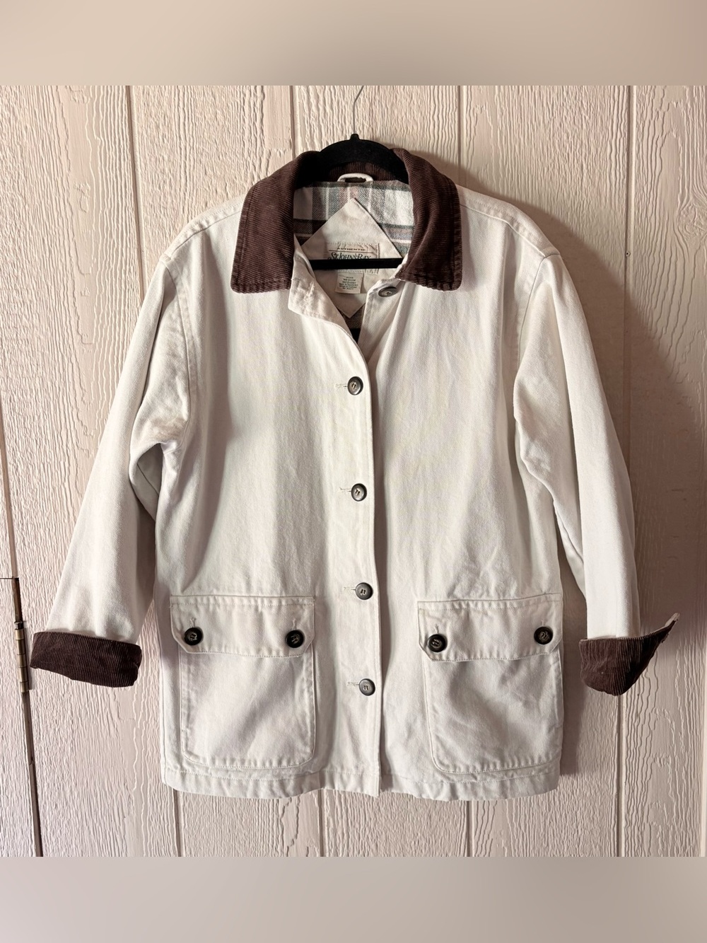 Vintage St. John's Bay Cream Canvas Barn Jacket Corduroy Chore Coat M Petite